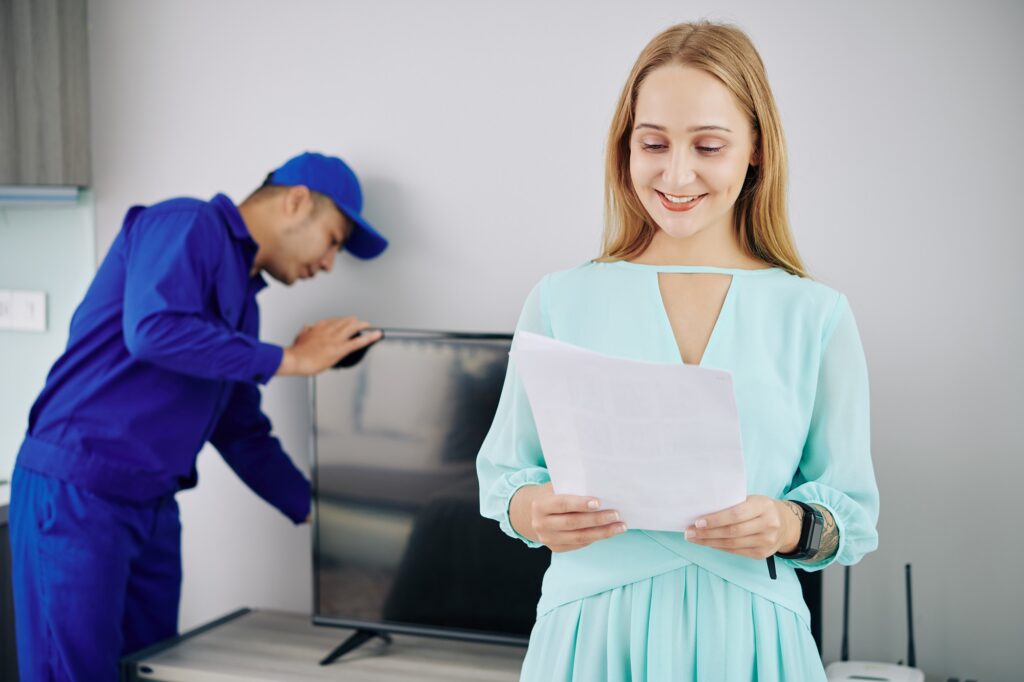 Pretty smiling young woman reading contract when handyman installing tv set in background